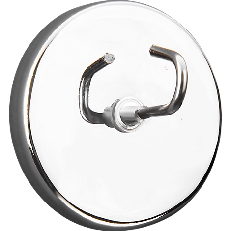 Round, clear suction cup with a metal hook in the middle. The edge of the suction cup is silver-colored.