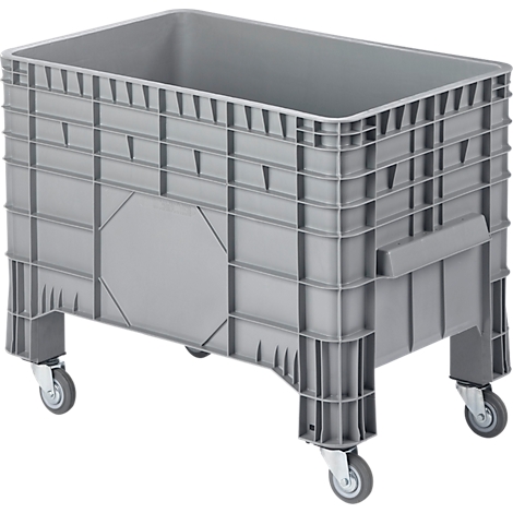 Gray plastic box with wheels. Rectangular shape, open top, textured sides. Handles and wheels.