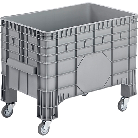 Gray, rectangular plastic transport box with wheels, side handles and reinforced corners.