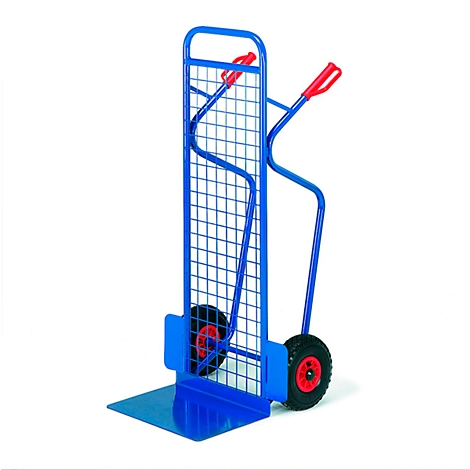 Blue hand truck on a white background. Two black tires, red handles and rims.