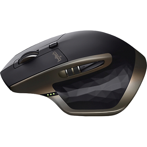 Drahtlose Maus, schwarz und goldfarben, Logitech-Logo. Auf der Seite drei Tasten und ein geriffeltes Scrollrad.