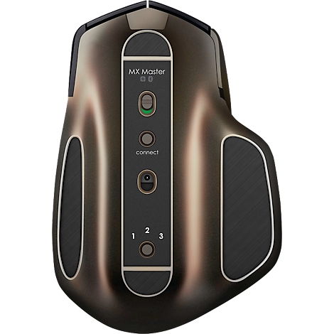 Draufsicht auf eine graubraune Maus. Oben steht MX Master, darunter ein Knopf mit grünem Licht. Darunter connect, darunter die Ziffern 1, 2, 3.
