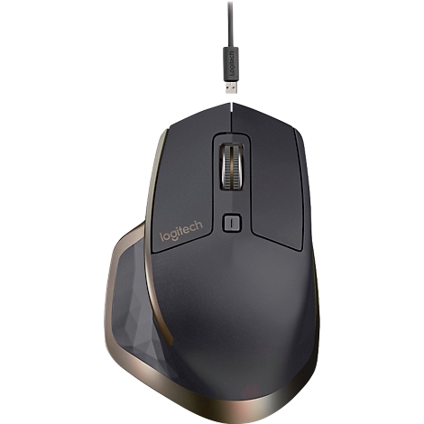 Drahtlose Maus, schwarz mit goldenem Rand, USB-Kabel hängt darüber. Logitech-Logo.
