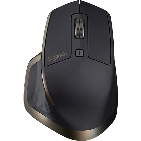 Draadloze Logitech muis in zwart met gouden accenten. Bovenkant: scrollwiel, logo en twee knoppen. Ergonomisch ontwerp.