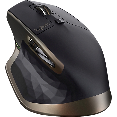 Draadloze muis, zwart met gouden accenten. Bovenkant: Logitech-opschrift, scrollwiel en knoppen. Onderkant: diamantpatroon.