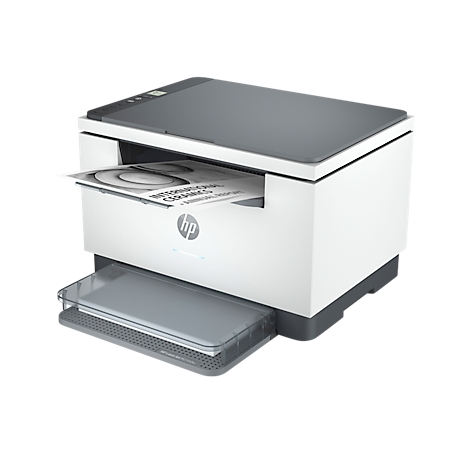 White and gray printer with a sheet of paper printed with text and HP logo. Lower area with paper tray.