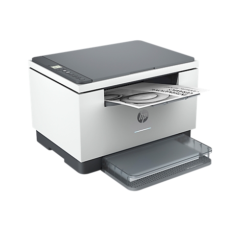 A white and gray HP printer, ejecting a printed sheet. Paper output tray extended.