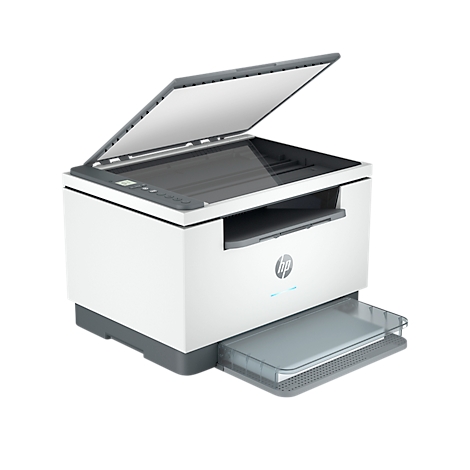 White printer with open lid. Paper output at the bottom. HP logo on the front.