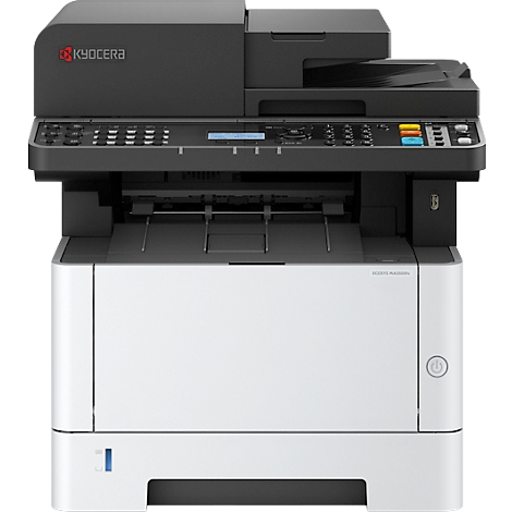 Ein weiß-schwarzer Drucker der Marke Kyocera. Oben befindet sich ein Bedienfeld mit Knöpfen und einem kleinen Display.
