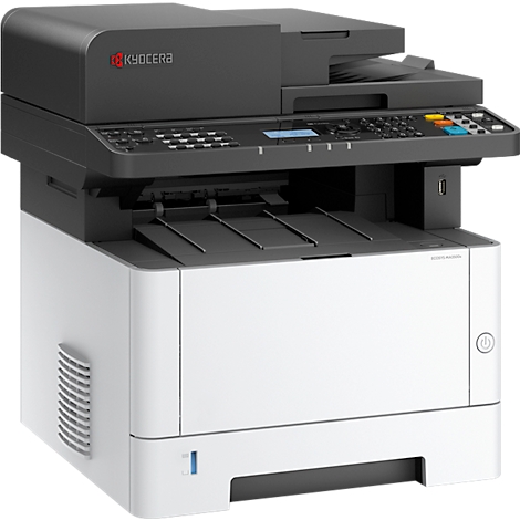 Multifunktionsdrucker von Kyocera, weiß-schwarz, mit Bedienfeld und Logo.