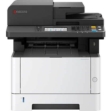 Ein schwarz-weißer Kyocera-Multifunktionsdrucker. Oben ist ein Scanner. Darunter ein Bedienfeld und Tasten. Darunter ein weißes Papierfach.