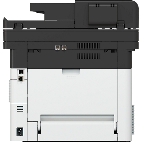 Ein schwarzer und weißer Drucker, Seitenansicht. Details umfassen Anschlüsse, Lüftungsschlitze und das Papierfach.