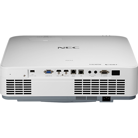 Close-up of the back of a white NEC projector, featuring various ports and the NEC logo.
