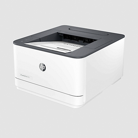 Weißer HP-Drucker mit einem grauen Deckel. Ein Blatt Papier liegt im Drucker.