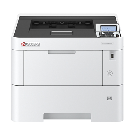 Weißer Drucker, Kyocera Logo, Bedienfeld mit Display, Ein-Aus-Knopf.