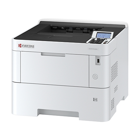 Weißer Drucker mit Bedienfeld. Das Kyocera-Logo ist auf der Vorderseite sichtbar.