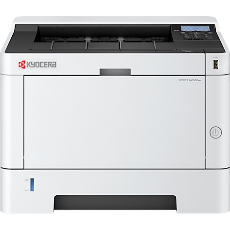 Weisser Kyocera-Laserdrucker. Schwarze Details, Bedienfeld und Kyocera-Logo sichtbar. Ein-Aus-Knopf an der Seite.