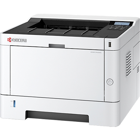 Weisser Laserdrucker mit schwarzem Bedienteil. Ein- und Ausgabefach, sowie Kyocera Logo sind zu sehen.