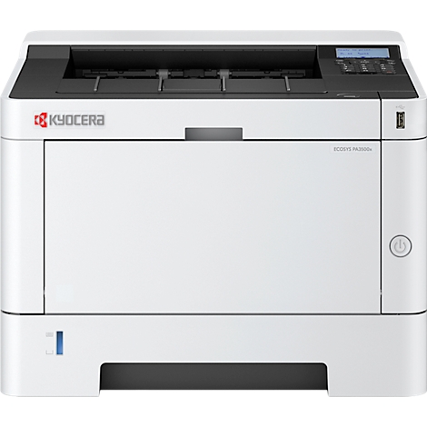 Weisser Kyocera-Drucker, Ansicht von vorne. Das Bedienfeld befindet sich oben rechts. Der Schriftzug Kyocera ist oben links zu sehen.