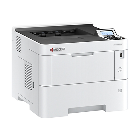 Witte Kyocera printer met zwart deksel en bedieningspaneel.