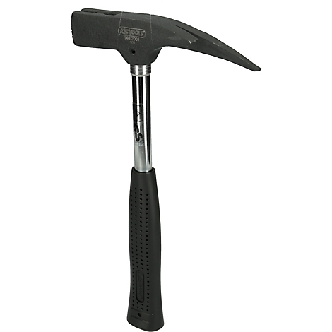 Ein schwarzer Hammer mit Metallgriff, Text auf dem Kopf, Griff mit Muster.