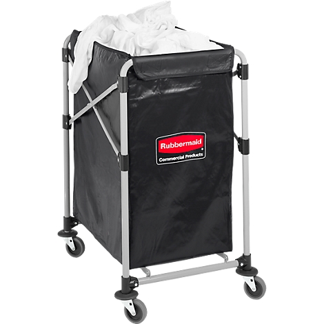 Black laundry cart filled with white laundry. Metal frame, wheels. Inscription: Rubbermaid Commercial Products.