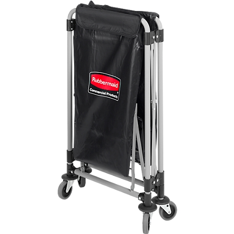Collapsible black Rubbermaid laundry cart with wheels.