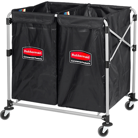 Black laundry cart with two compartments, wheels, and Rubbermaid logo.