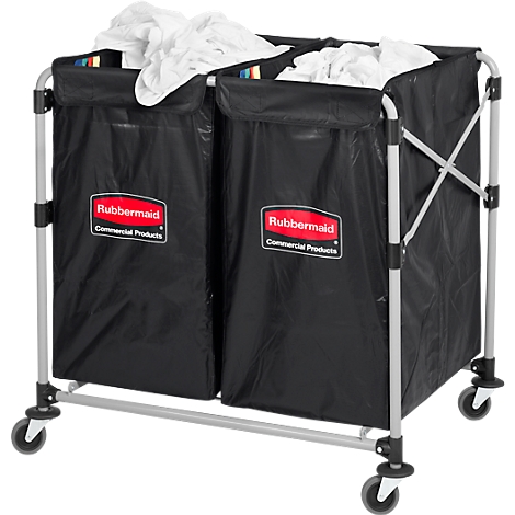 A black, rolling laundry cart with two compartments filled with white laundry. The baskets read "Rubbermaid".