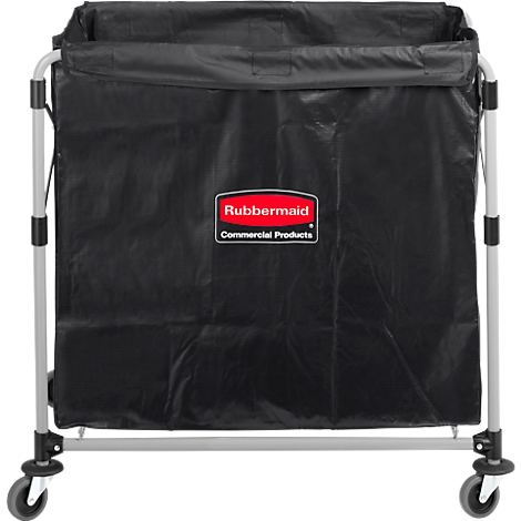 Black laundry cart with the Rubbermaid logo. A metal frame with casters holds a black fabric bag.