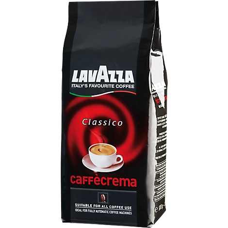 Schwarzer Kaffeepackung mit Logo 'Lavazza', Aufdruck 'Classico' und Kaffeetasse. Italienische Flagge.