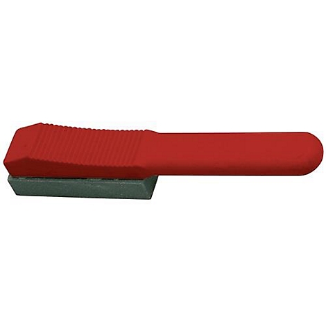 Un stylo rouge et allongé avec un bloc rectangulaire noir à une extrémité.