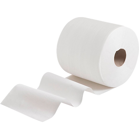 Rouleau d'essuie-tout avec papier étendu. Fond blanc.