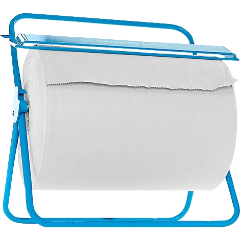Distributeur de serviettes en papier bleu avec un grand rouleau de papier. Le bord du papier est dentelé.