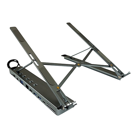 Silberfarbener Laptop-Ständer mit integrierten Anschlüssen und schwarzem Kabelanschluss. Auf weißem Hintergrund.