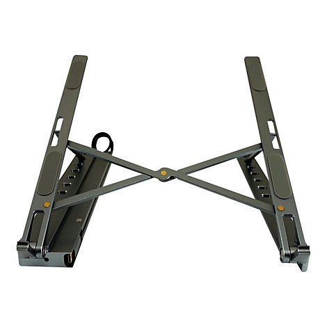 Grauer Laptop-Ständer, aus Metall. Die Beine sind ausklappbar. Auf weißem Hintergrund.
