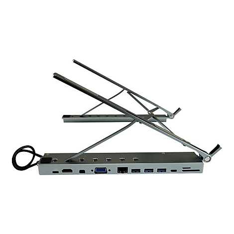 Grauer Laptop-Ständer mit integrierter Dockingstation, auf weißem Hintergrund. Enthält USB-, HDMI- und andere Anschlüsse.
