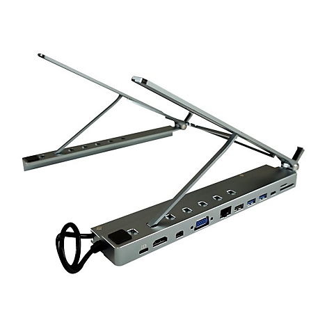 Silberne Laptop-Dockingstation mit Kabel und Stützarmen vor weißem Hintergrund. Verschiedene Anschlüsse sind sichtbar.