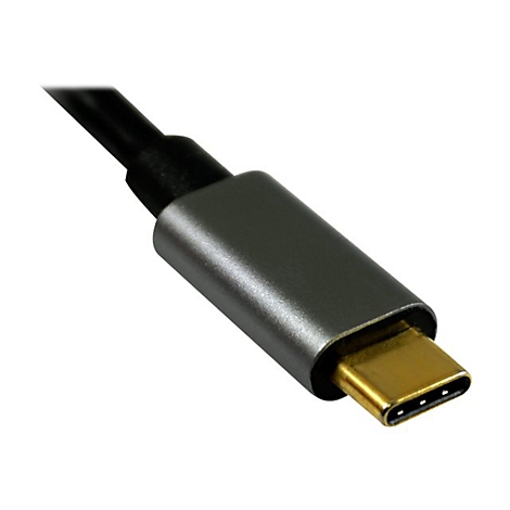 Nahaufnahme eines USB-C-Kabels mit silberfarbenem Gehäuse und goldenem Stecker.