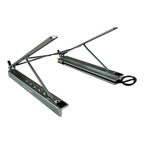 Ein silberfarbener Laptop-Ständer mit verstellbaren Beinen, die mit dem Wort "LOPPOWER" beschriftet sind. Der Ständer ist auf weißem Hintergrund abgebildet.