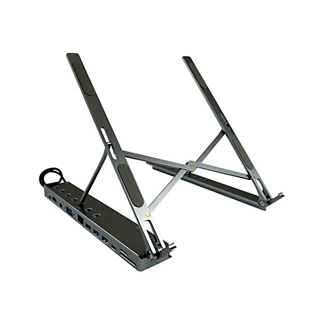 Grauer Laptop-Ständer mit integrierten Anschlüssen. Die Ständer sind im Winkel verstellbar.