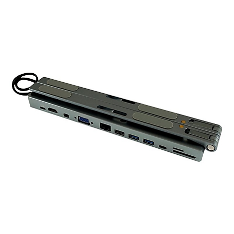 Grauer, zusammenklappbarer USB-C-Hub mit Anschlüssen. Oben graue Pads, seitlich diverse Ports.