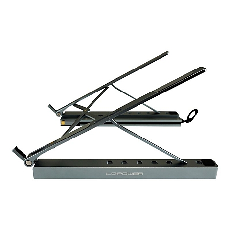 Grauer Laptopständer, aus Metall, zusammengeklappt, im Winkel. Aufschrift LC-POWER.