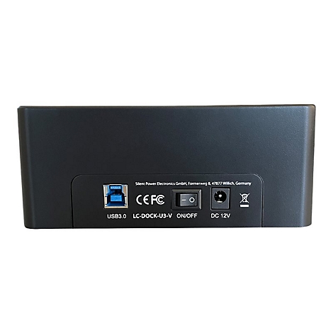 RÃ¼ckseite einer schwarzen Festplatten-Dockingstation mit USB 3.0-Anschluss, Ein/Aus-Schalter und Stromanschluss.