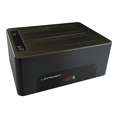 Schwarze Festplatten-Dockingstation, 100 % Anzeige. Oben zwei SchÃ¤chte, links Bedienfeld, Logo.