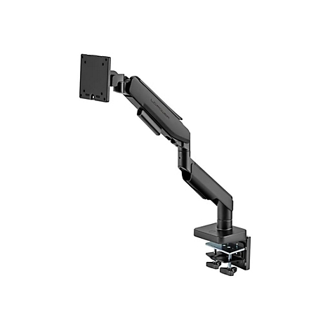 Schwarzer Monitorarm, an dem ein Monitor befestigt werden kann. Der Arm wird mit einer Tischklemme befestigt.