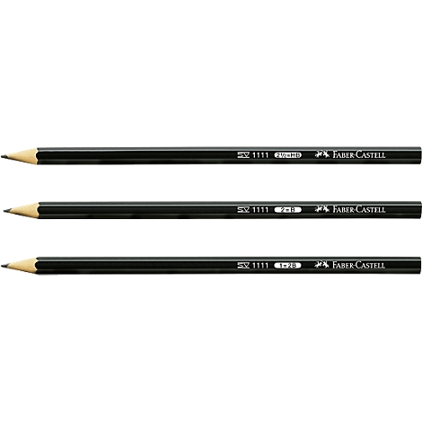 Three pencils side by side, sharpened and with black shaft, the Faber-Castell lettering is visible.