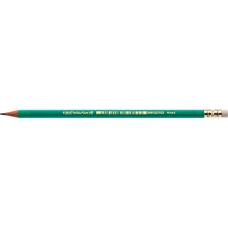 Close-up of a pencil. The green shaft carries white characters and a barcode. The lead is brown, the end gold.