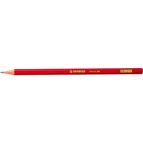 A red pencil with the words "STABILO" on it. The tip is sharpened.