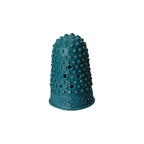 Turquoise rubber thimble with bumps and the marking "No. 0". Several holes indicate wear.